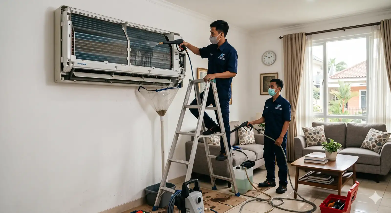 Teknisi AC profesional Acentra Service sedang mengerjakan servis AC di Depok